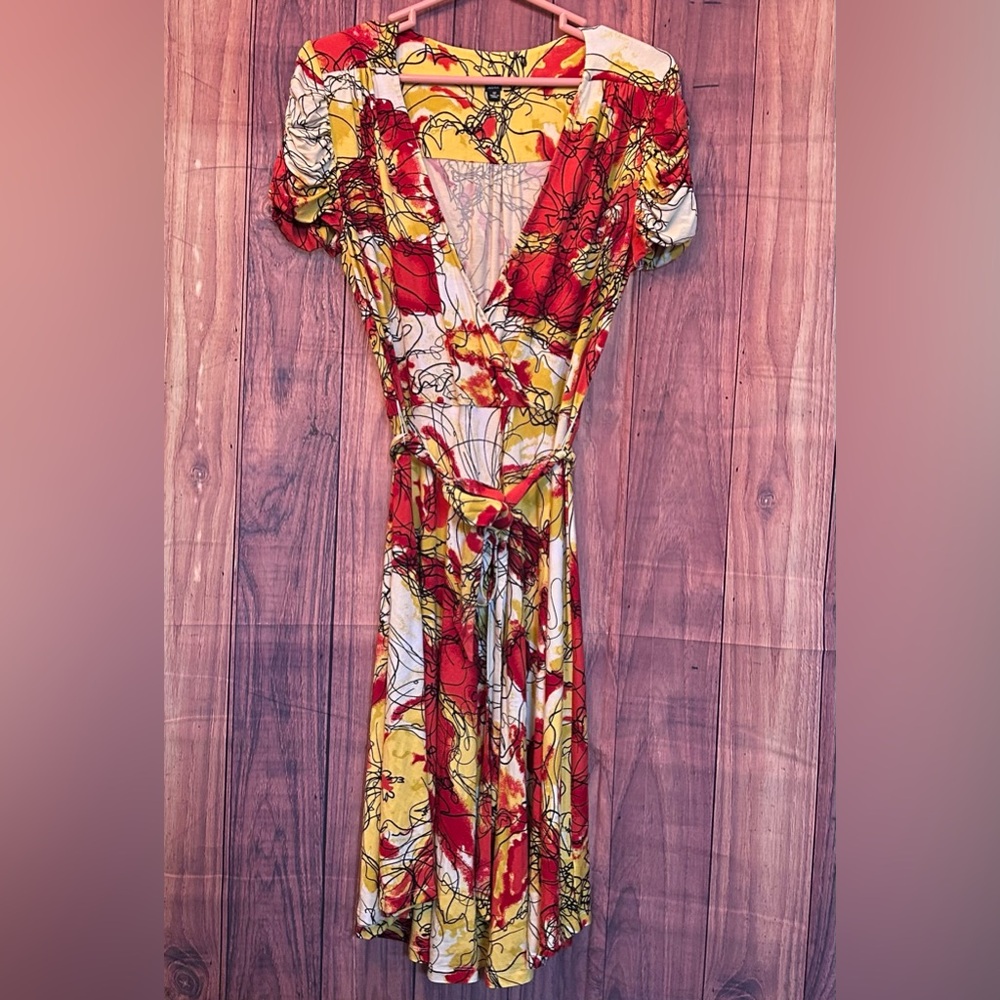 Saks Fifth Avenue Red and Yellow Puff Sleeve Midi Sundress